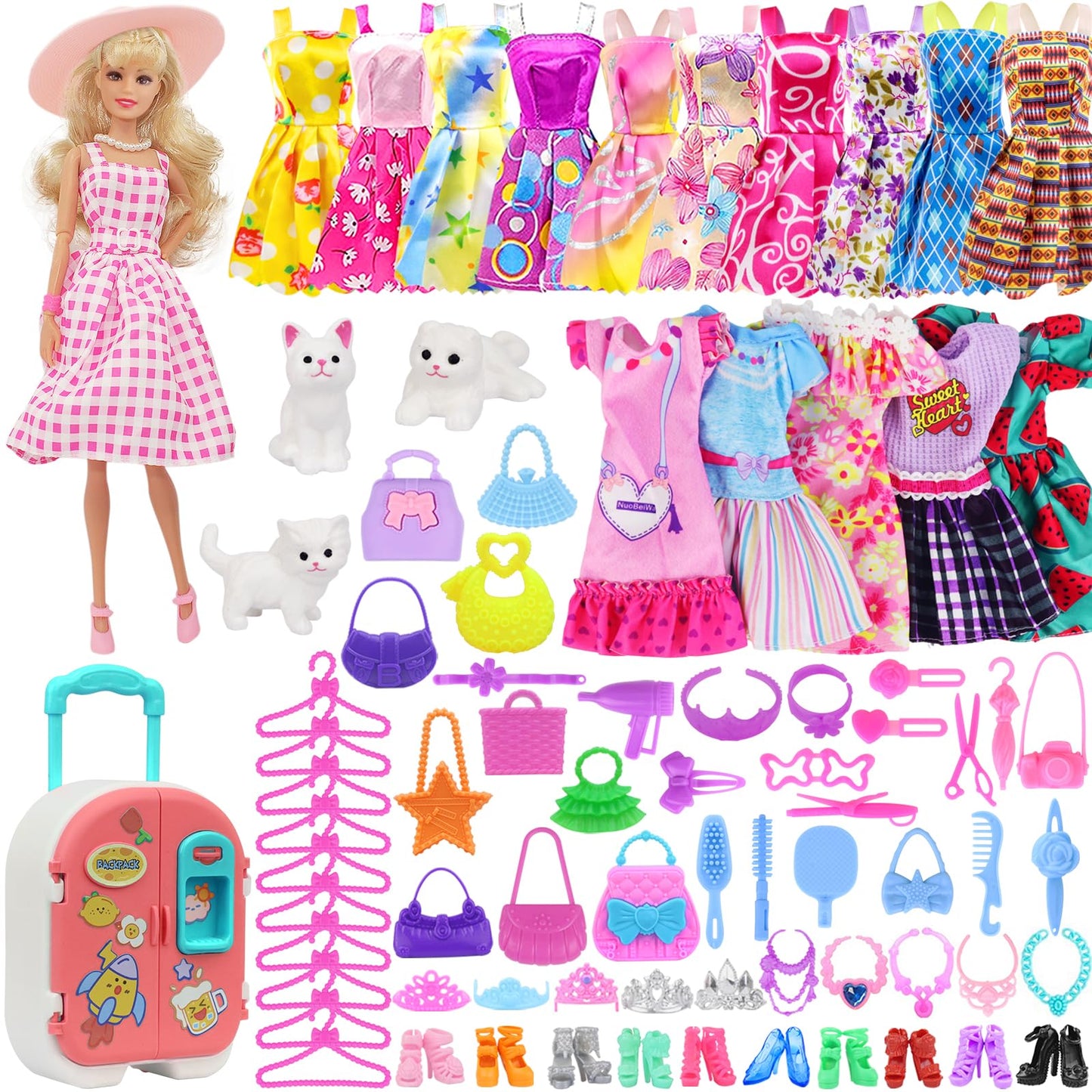 K.T. Fancy 83 Pcs Dolls & Accessories With Doll Closet Wardrobe For 11.5 Inch Doll Dress Up Set Including Wardrobe Shoes, Wallet, Dress Hangers, Brush, Necklace, Pet And Other Accessories