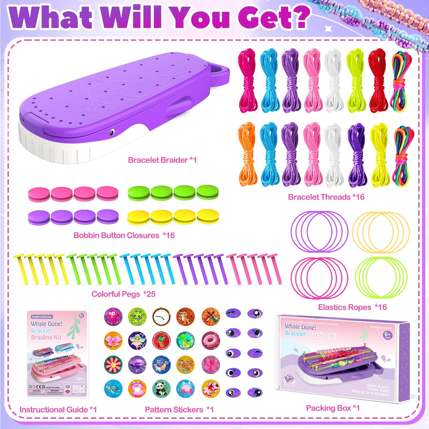 Euclidean Cube Friendship Bracelet Making Kit for Girls, Purple Whale Shaped Jewelry Making Kit for Girls Ages 8-12, DIY Arts an
