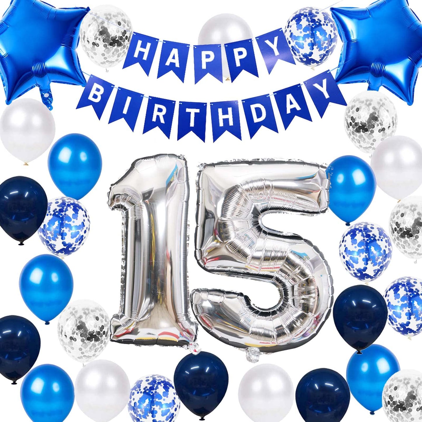 15Th Birthday Party Decoration For Boys, Happy Birthday Banner Blue Number 15 Birthday Balloons 15Th Birthday Latex Confetti Bal