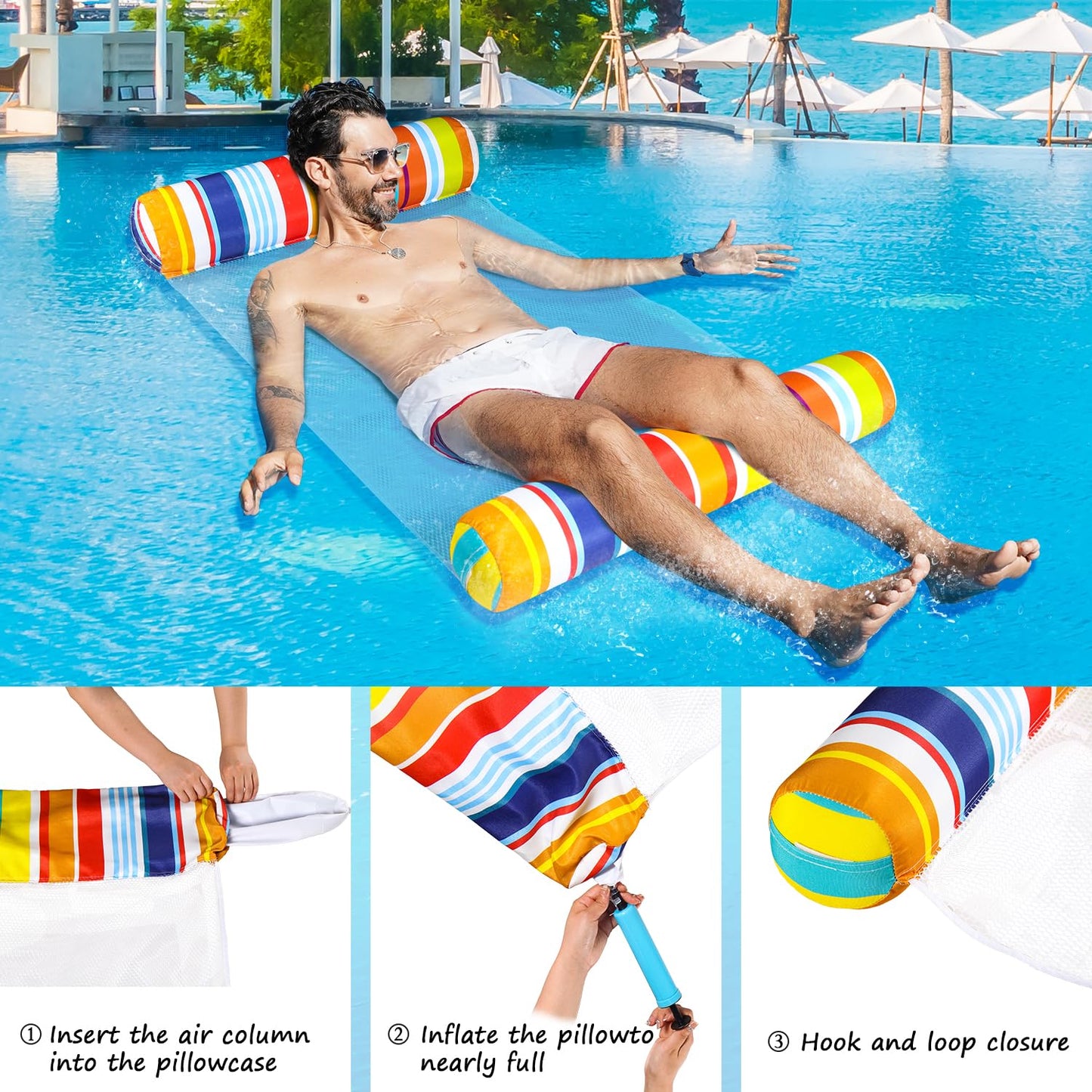Finduwill 2 Pack Fabric Water Swimming Pool Floats Hammock, Xl, Inflatable Multi-Purpose Water Hammocks Floaties (Saddle, Lounge