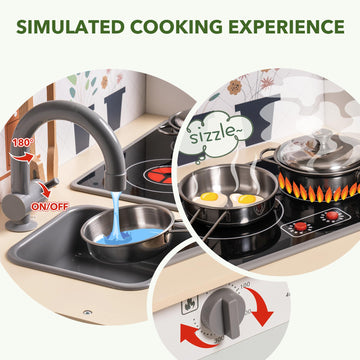 ROBUD Play Kitchen for Kids, Wooden Kids Kitchen Playset with Lights & Sounds, Pots, Cookware, Pretend Kitchen Gift for Boys Gir
