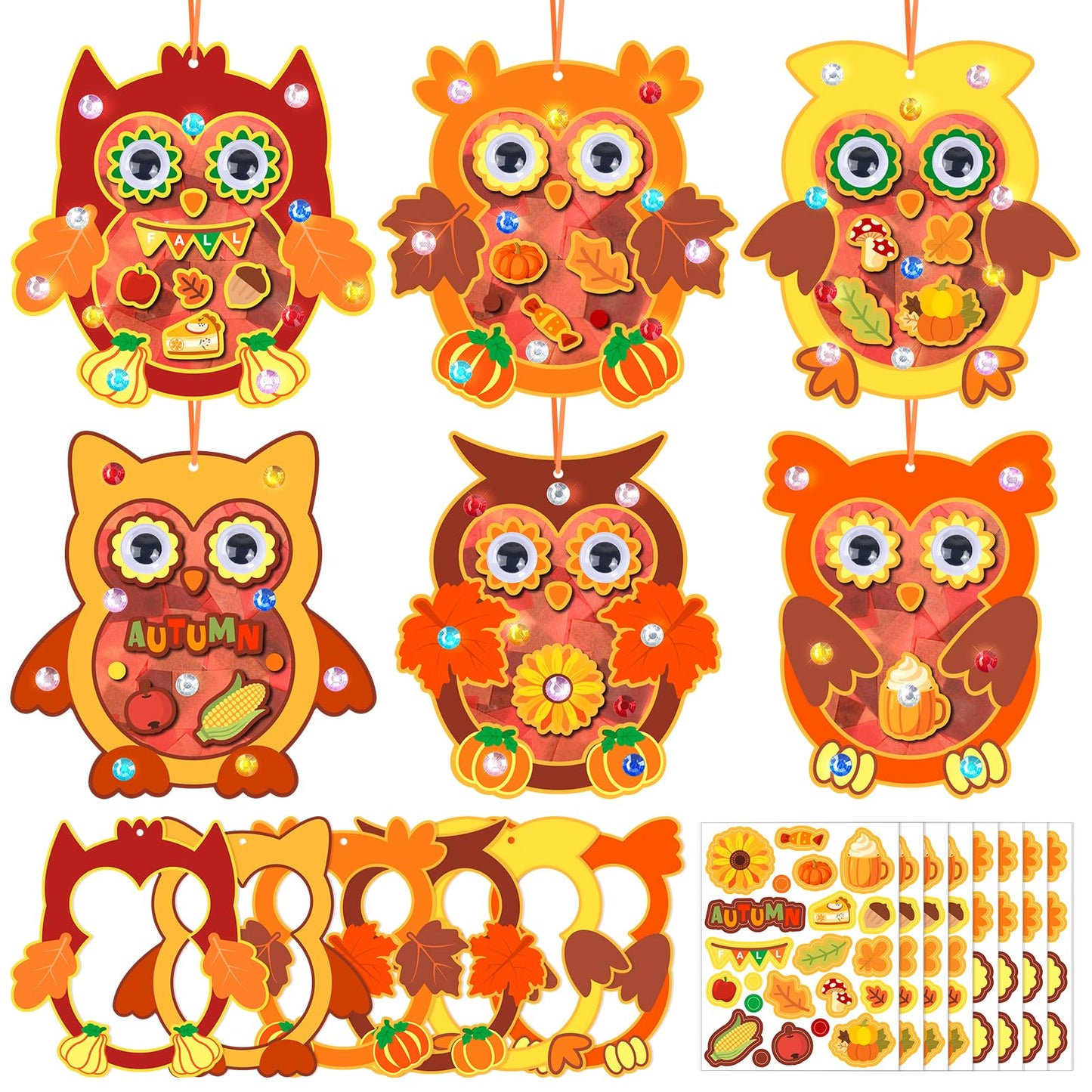 24 Sets Fall Crafts Kit DIY Tissue Paper Crafts DIY Owl Sun Catcher Craft Ornaments Hanging Decorations Art Owl Pumpkin Leaf Sun