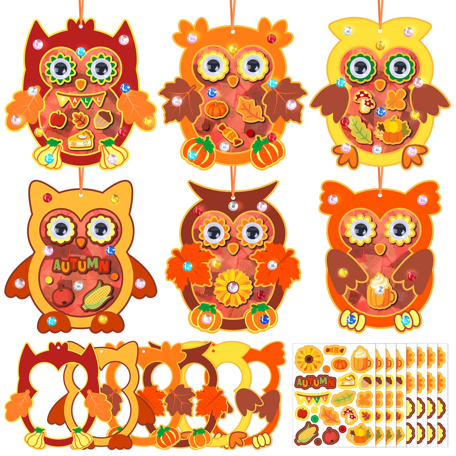 24 Sets Fall Crafts Kit DIY Tissue Paper Crafts DIY Owl Sun Catcher Craft Ornaments Hanging Decorations Art Owl Pumpkin Leaf Sun