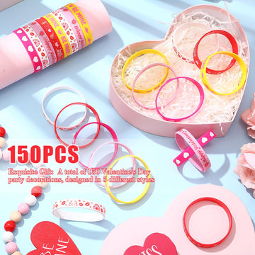 Remuuly 150 Pieces Valentine's Day Bracelets Rubber Silicone Wristband with 5 Patterns Valentines Gifts Party Favors for Goodie