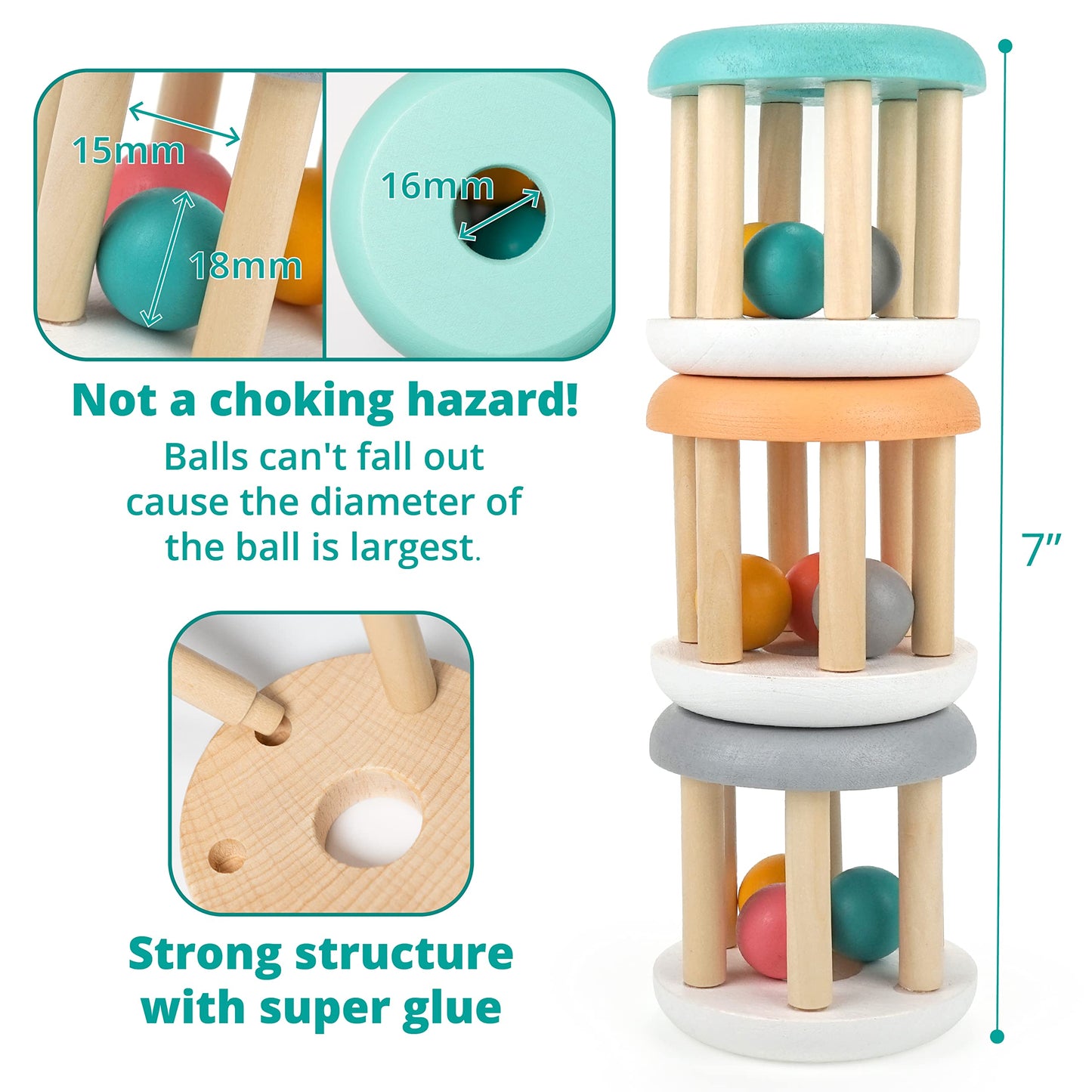 DUCKBOXX XX Montessori Infant Toys, Natural Wood Rolling Rattle Toy for Babies Ages 0m - 2yrs (White Base - 3pcs)