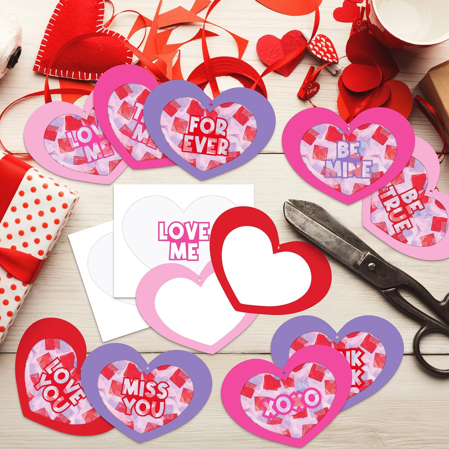 Realspring 24 Sets Valentines Day Crafts for Adults Conversation Suncatcher Crafts Kit Valentines Heart Cutout DIY Tissue Paper