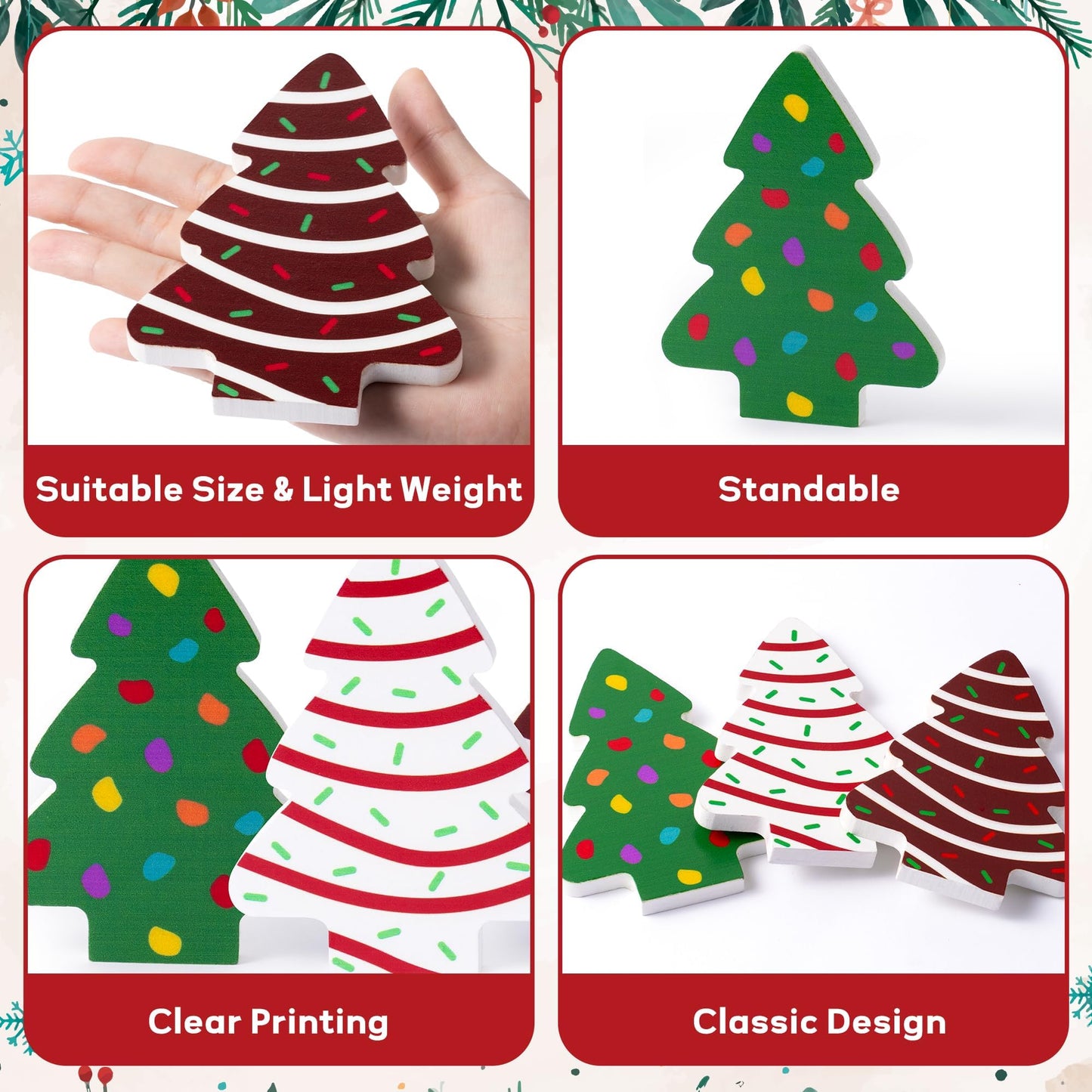 Haooryx Christmas Tree Cake Wooden Centerpiece Decoration - 3Pcs Christmas Tree Wooden Table Decoration Xmas Winter Holiday Tabl