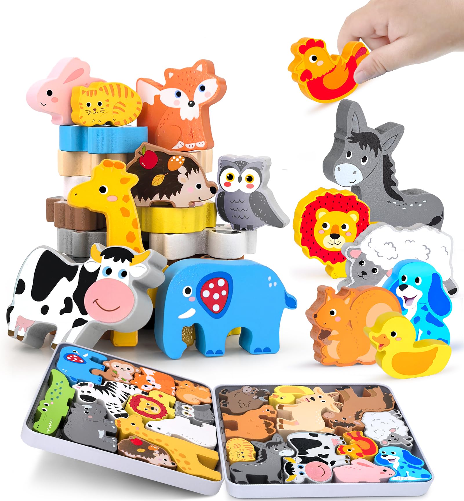 Wooden Animal Puzzles Toys for Toddlers,24 Pcs Farm and Safari Animal Figures,Animal Matching Sorting Stacking Toys for Boys Chi