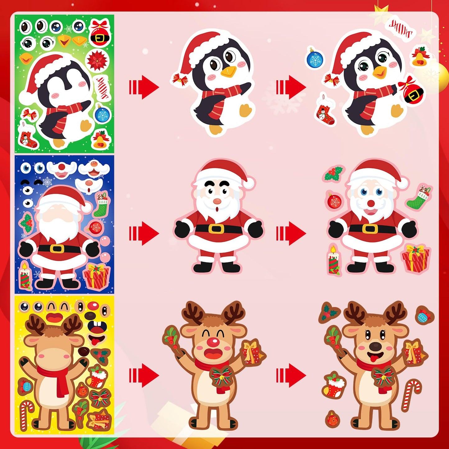 DECYOOL 36 Sheets Christmas Stickers, Christmas Make a Face Stickers Make Your Own Christmas Stickers Santa Snowman Xmas Holiday