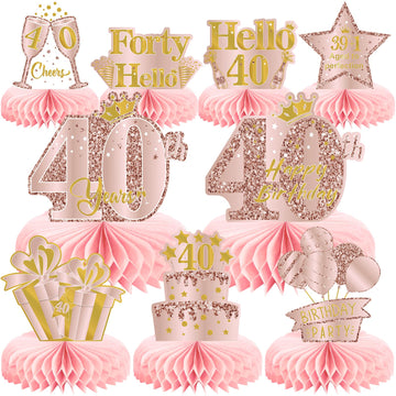 9Pcs 40Th Birthday Decorations Pink Rose Gold Honeycomb Centerpieces For Women,Happy 40Th Birthday Table Centerpieces Party Supp