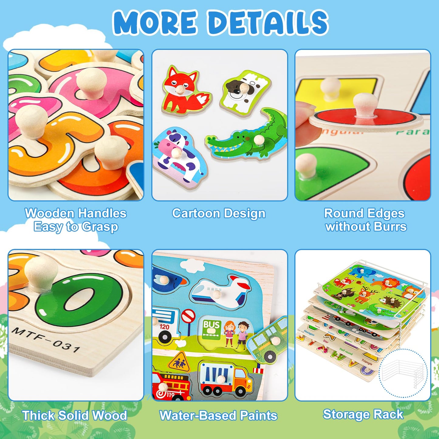 6 Pack Wooden Puzzles For Toddlers, Peg Toddler Puzzles Include Alphabet Number Shape Animals Vehicle Farm Puzzles With Storage Rack Preschool Educational Learning Toys For 1 2 3 4 5 Boys Girls