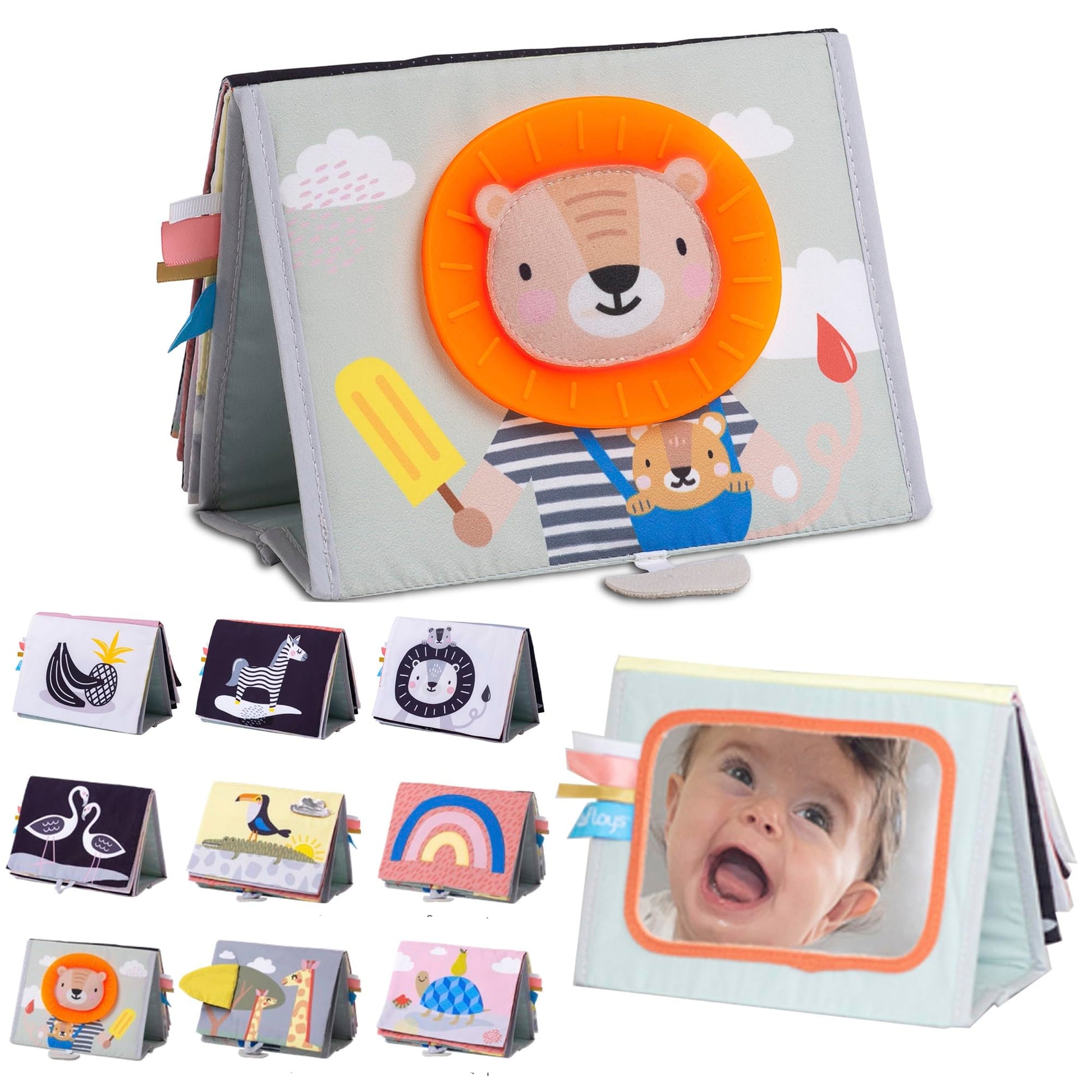 Taf Toys Savannah Infant Tummy-time Soft Crinkle Activity Book with Huge Baby Safe Mirror, 3D Activities, Textures and a Soft Ba