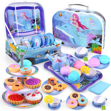 Auney 45 PCS Tea Set Toys for Girls, Mermaid Tea Party Set Toy Pretend Play Gifts for Little Girls, Girls Toys Gifts for Tea Tim