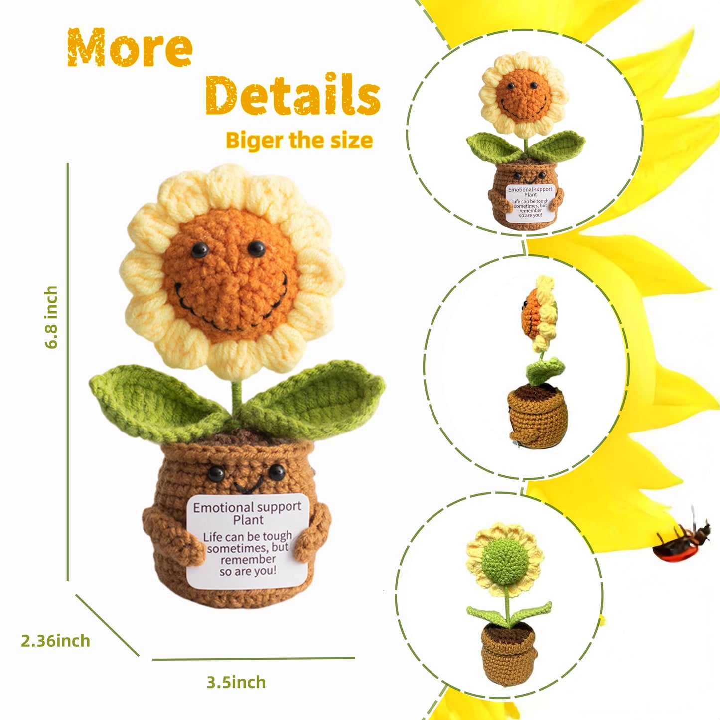 2Pcs Emotional Support Plush Sunflower  Crochet Plant Smile Flowers  Handmade Knitted Flowers Doll  Positive Crochetd Sunflowers Plant Decor with Positive Card  Desk Decor  Encouraging Cheer Up Gifts