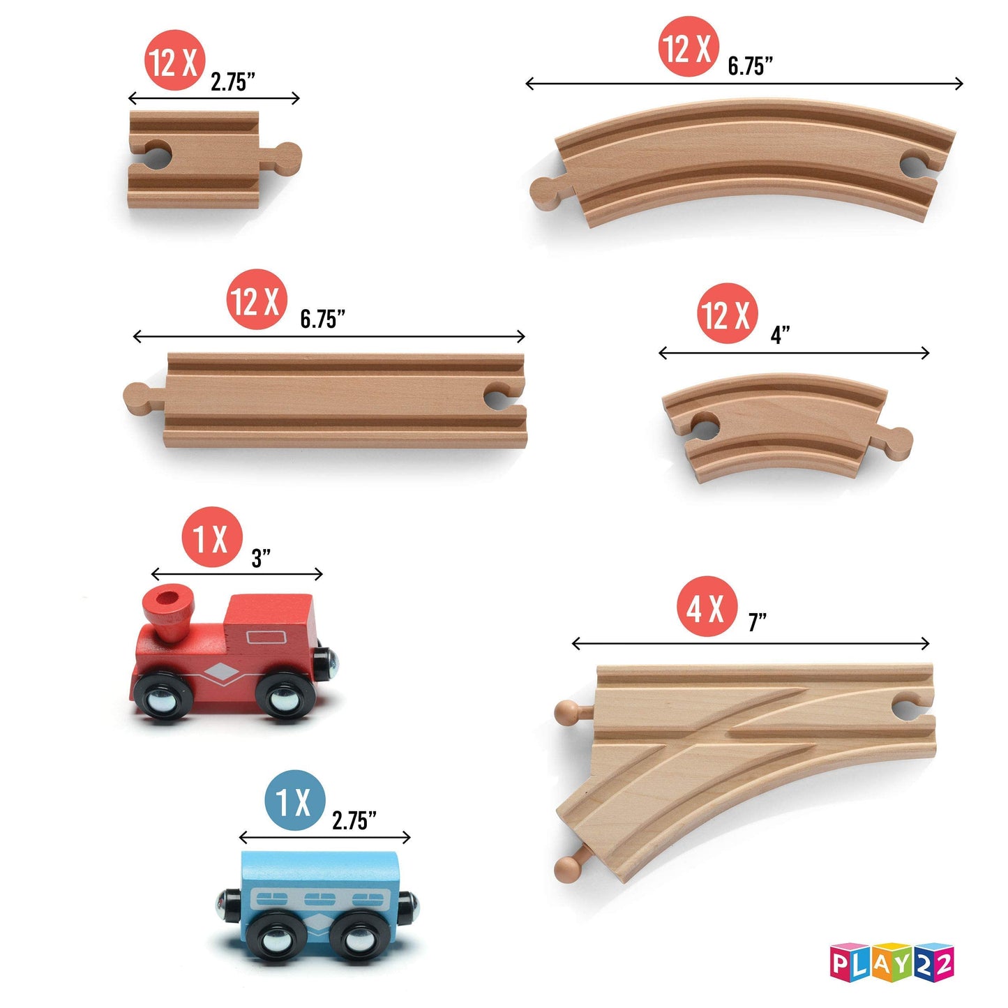 Play22 Wooden Train Tracks - 52 Pcs + 2 Bonus Car Toy Trains - For Kids Is Compatible With Thomas Wooden Railway Systems And All