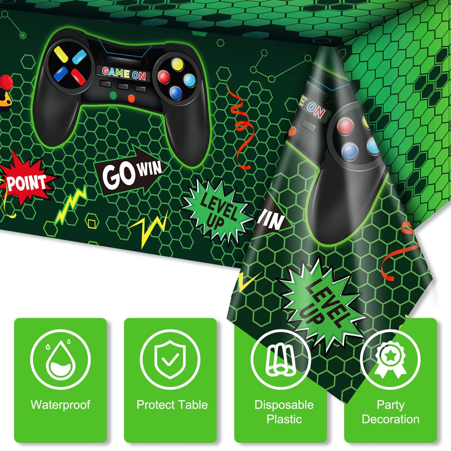 3 Pcs Video Game Table Cover Video Game Birthday Decoration Game Theme Plastic Table Cloth Party Supplies For Boys Girls Kids Player Geek Party Decorations, 54 X 108 Inch (Green, Classic Style)