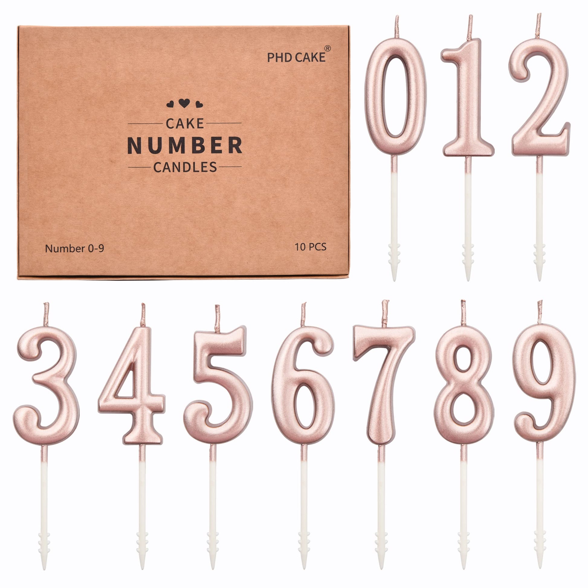 PHD CAKE 10-Pieces Rose Gold Numeral Birthday Candles, Cake Numeral Candles Number 0-9 Glitter Cake Topper Decoration for Birthd