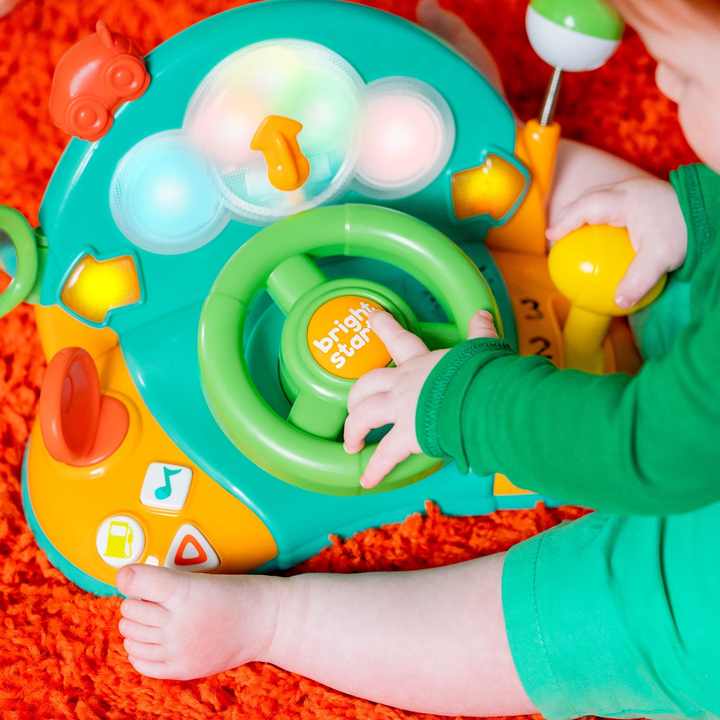 Bright Starts Lights and Colors Driver Toy Steering Wheel with Car Sounds for Pretend Play - Green, 6 Months and up