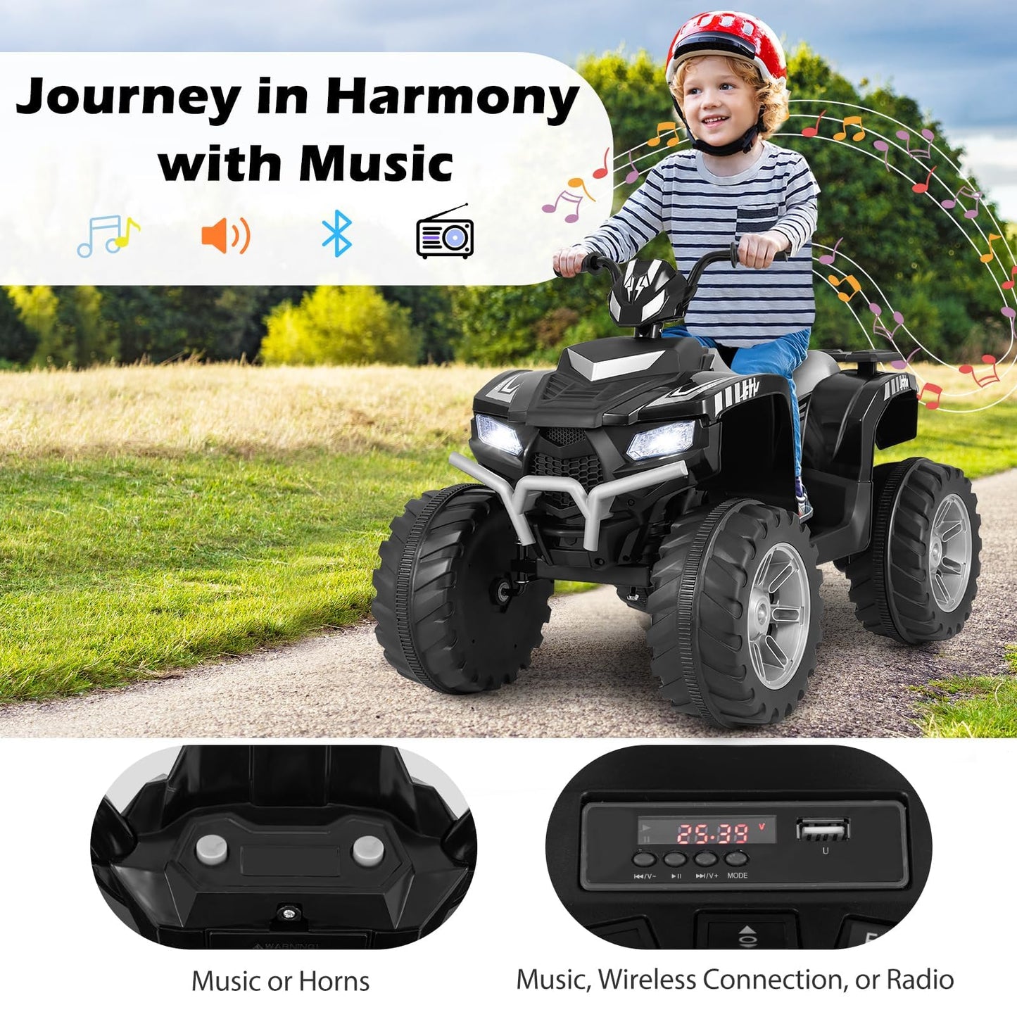 Coszton Atv For Kids, 24V Battery Powered Electric Atv Quad W/Soft Start, Wireless Connection, Music, Radio, Treaded Tires, Led Lights, Kids Ride-On Atv Kids 4-Wheeler For 3-8 Boys & Girls (Black)