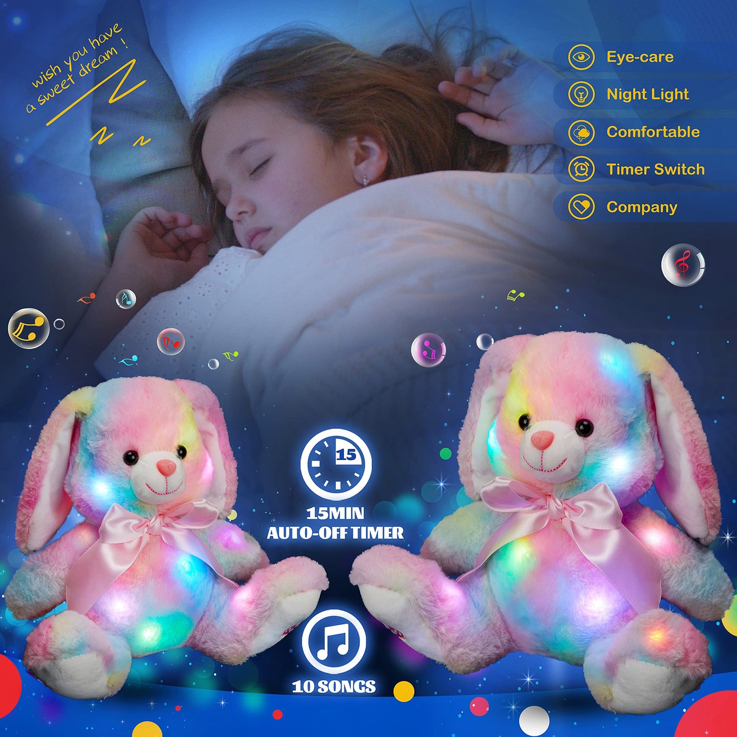 Glow Guards 10'' Musical Bunny Plush Toy - Rainbow Lop Eared Rabbit, Cotton, Light Up Night Light for Kids and Toddlers