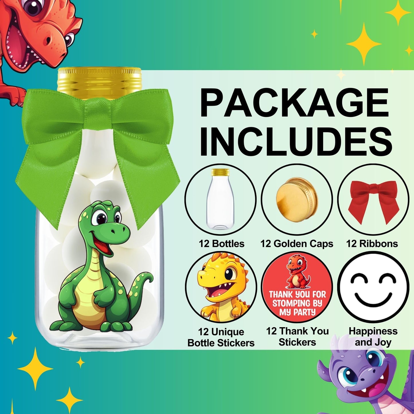 Ethisa 12 Pack Dinosaur Party Favors - DIY Candy Jars with Ribbons and Stickers - Party Decoration Bottles for Birthday, Baby Sh