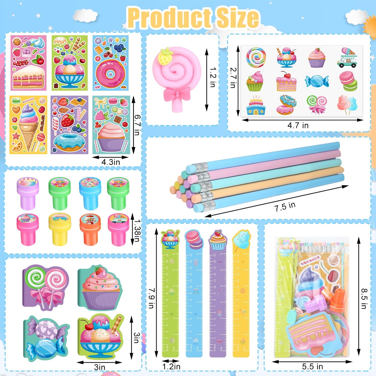 BenLouis 192Pcs Candyland Party Favors Ice Cream Donut Mini Notebook Stampers School Stationery Bulk for Kids Lollipop Sweet Tre