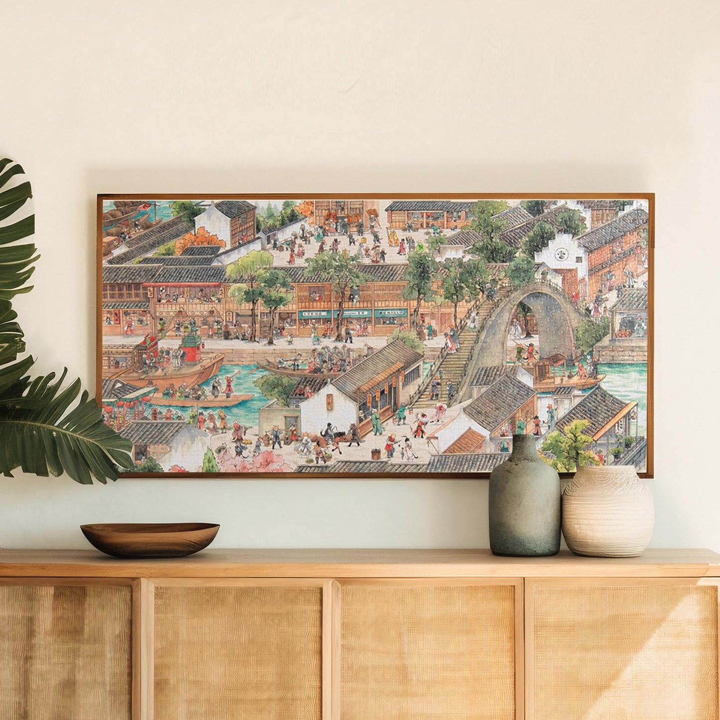 Puzzles For Adults 1000 Pieces, Momibook Jigsaw Puzzles Of Chinese Vintage Village Town Cat, Painting Image 81.3X40.6Cm(32''X16'