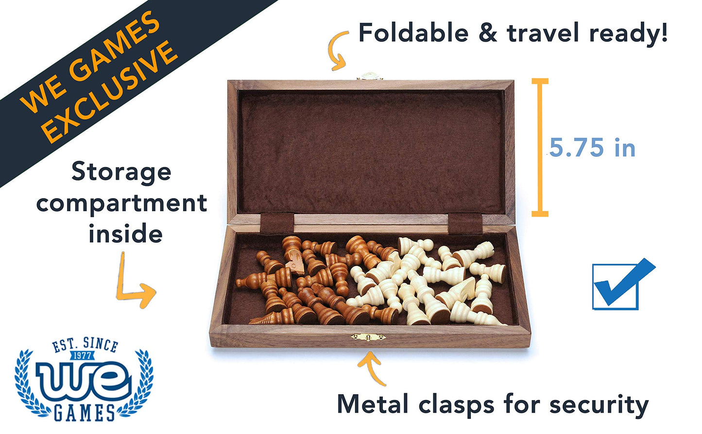 We Games Wooden Chess Set, Foldable Chess Board With Wooden Staunton Chess Pieces, Educational Game For Kids Portable Chess Set With Storage Space, Hand Crafted Walnut Veneer Wooden Board