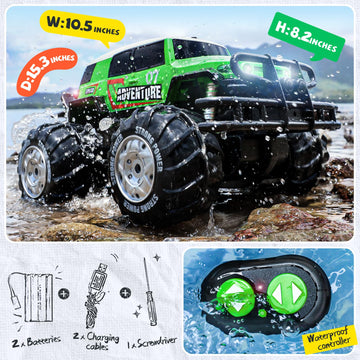 Ruko 1601AMP2 Amphibious Remote Control Car, 1:10 RC Car Toys for Boys, IPX6 Waterproof Monster Truck with Lights for All Terrai