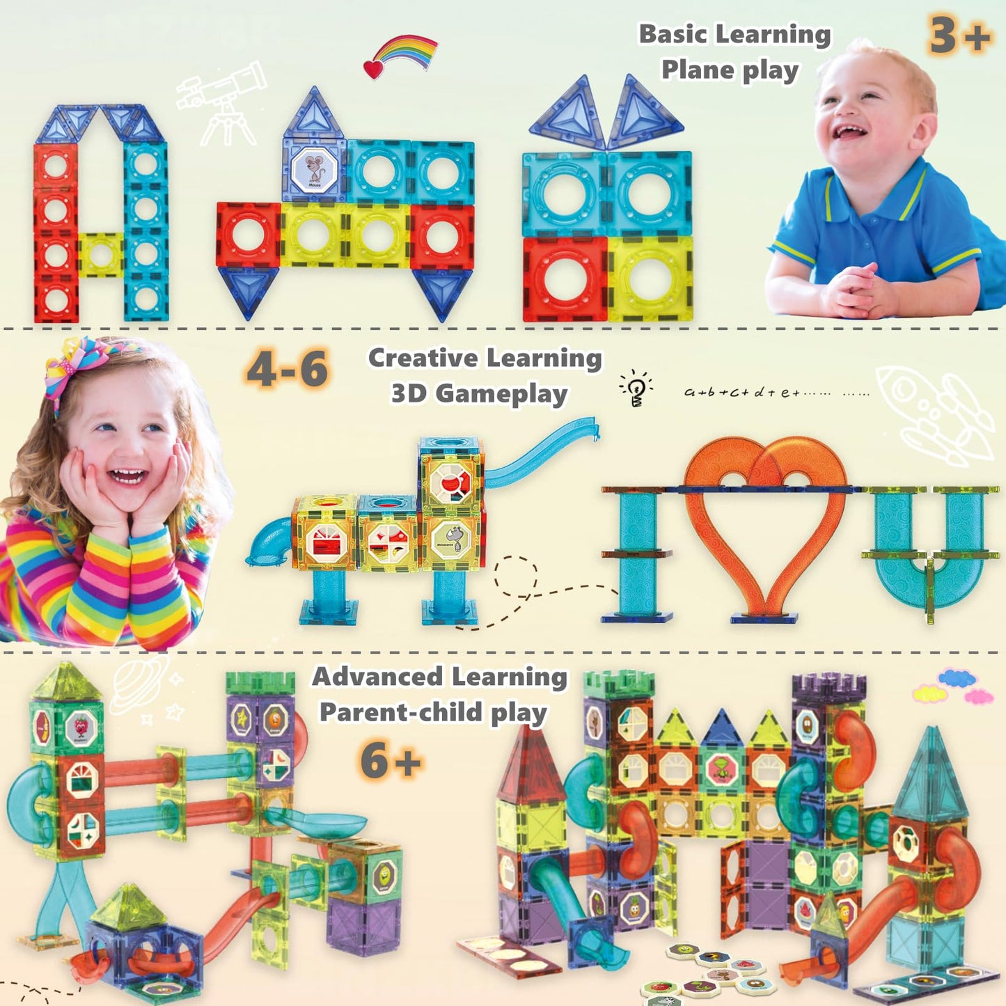 Magnetic Tiles Building Blocks Toys for Kids 144 PCS Magnet STEM Construction Set with LED Lights & Marble Run | Educational Learning Creative Gifts for Kids Ages 5-12 Boys and Girls
