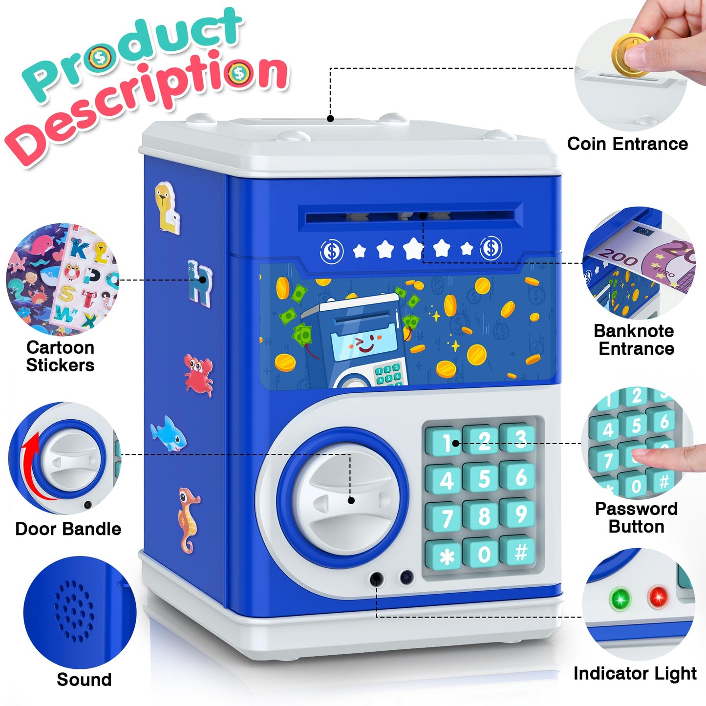 Dark Blue Piggy Bank For Kids With Password Code Lock And Auto Grab Bill Slot, Philaeec Real Money Cash Coin Can Saving Box Elec