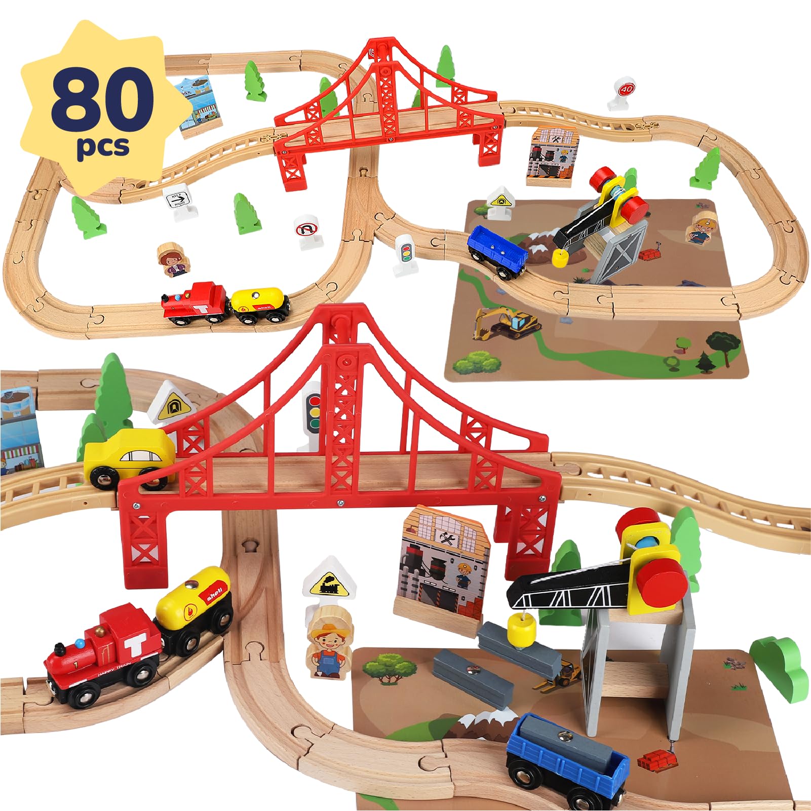 Toy Life Train Set 80Pcs Wooden Train Set With Crane, Wooden Train ...