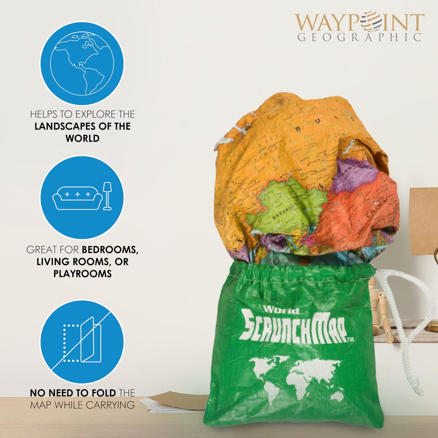 Waypoint Geographic World Scrunchmap, Portable, Easy-To-Store Map Of The World, Water And Tear-Resistant Map, Eco-Conscious Uniq