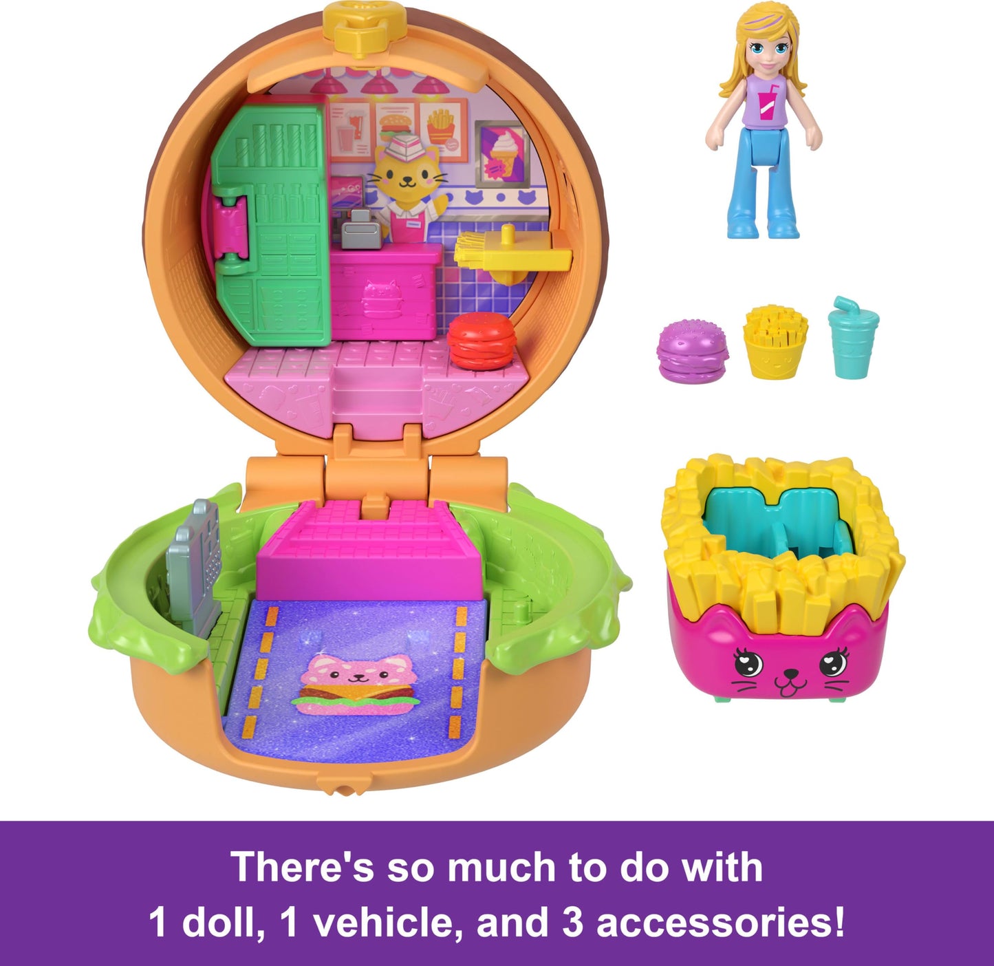 Polly Pocket Micro Dolls & Compacts With Toy Cars, Food Theme Vehicle Collection, Tiny Take Out Reveal Assortment With Surprises