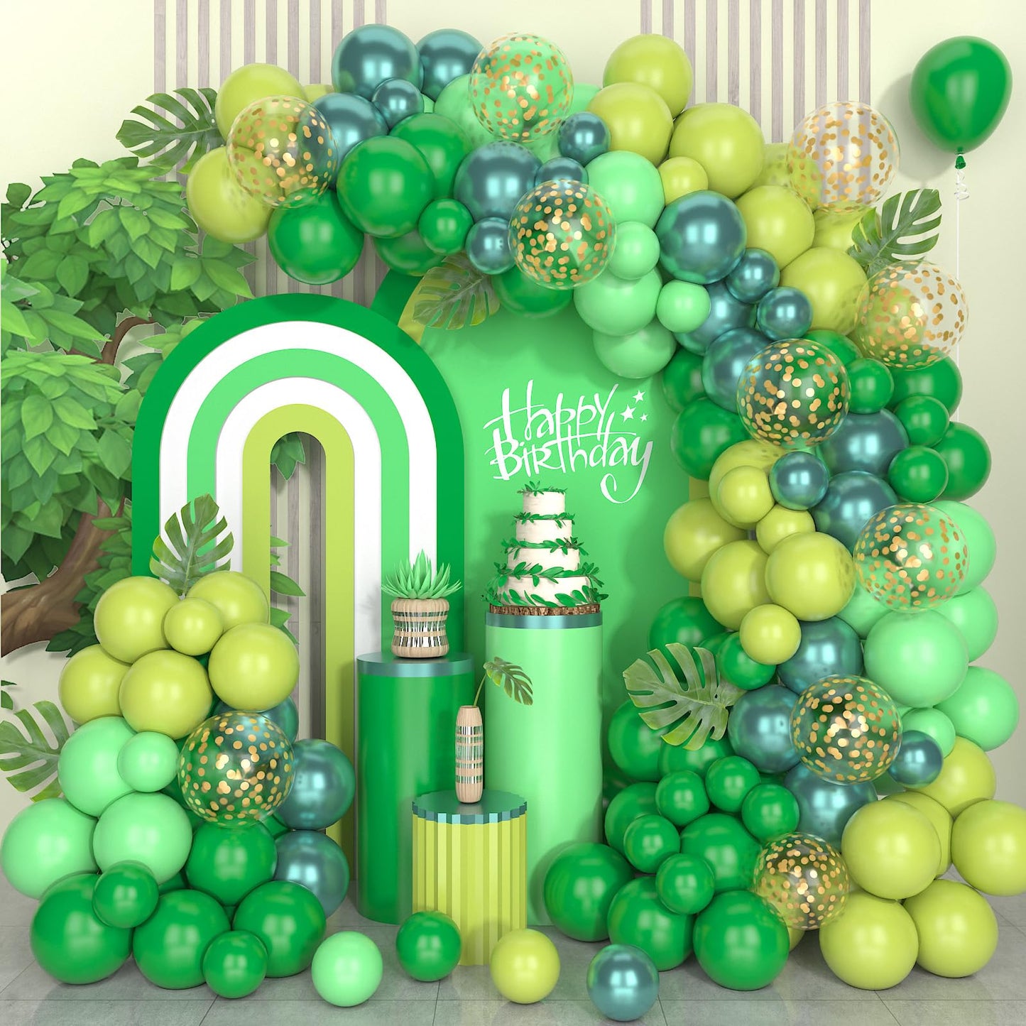 Paready Green Balloon Arch Kit, 120Pcs Dark Green Balloon Garland Kit Light Fruit Green Metallic Green Party Balloons Gold Confe