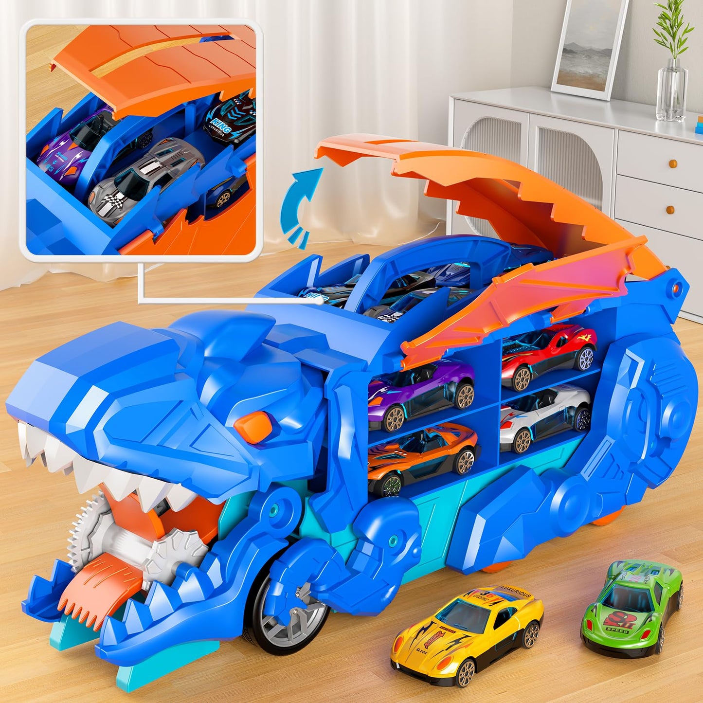 Dinosaur Truck Ultimate Hauler Track Toy for Boys, Transform into Stomping Dinosaur with Race Track Toddler Toys Gifts for Kids