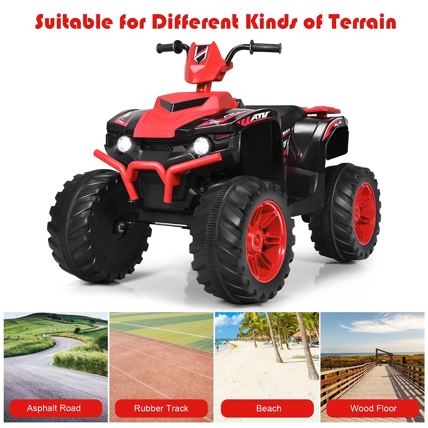 Honey Joy 12V Ride On Atv, 4-Wheeler Battery Powered Toddler Quad, 2 Speeds, Led Headlights, Slow Start, Horn, Music, Treaded Tires, Electric Ride On Toy For Kid(Red)