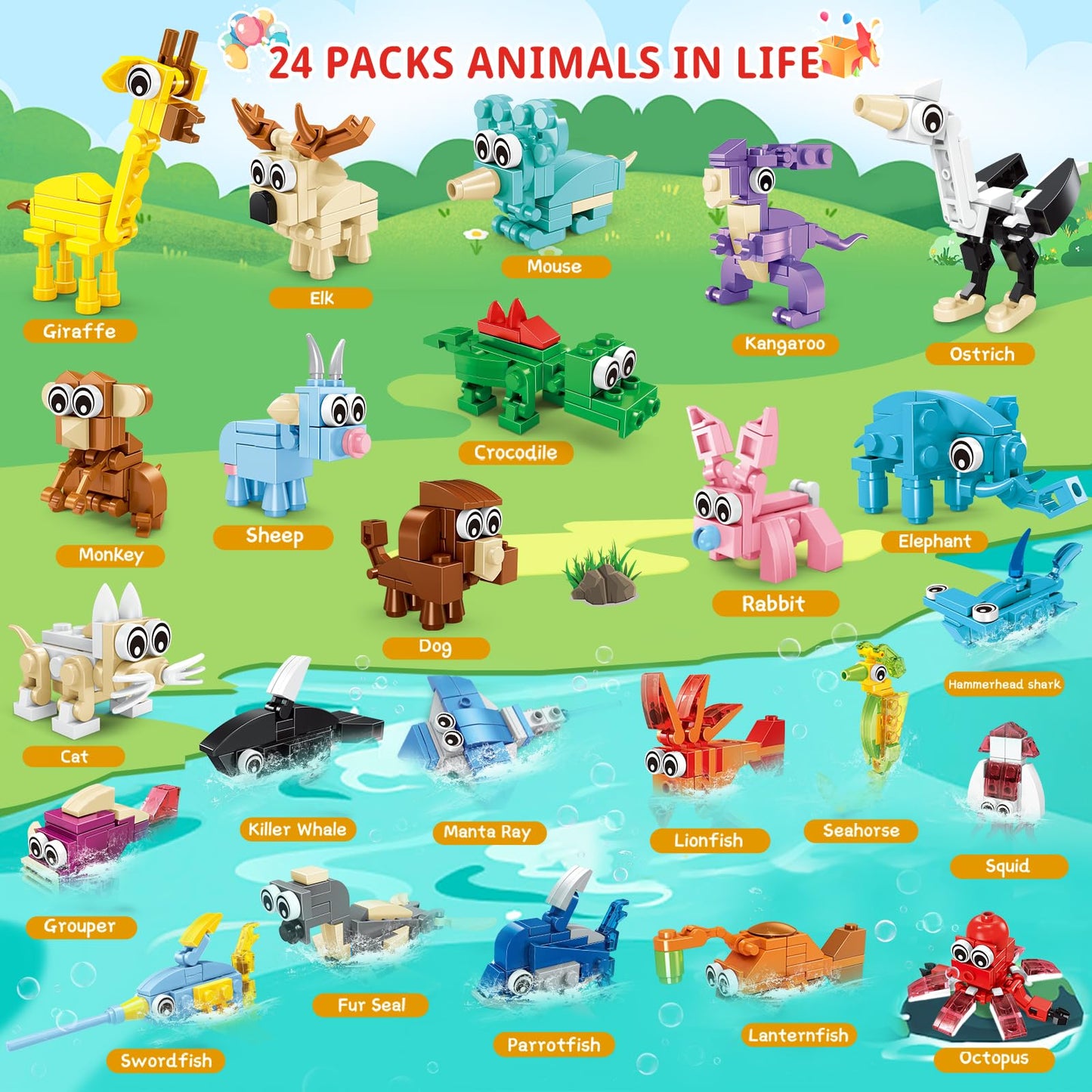 Imcuamk Building Sets 24 Packs Party Favors For Kids, 3 In 1, 72 Kinds Of Transformable Animal Building Block Toy, Goodie Bag St