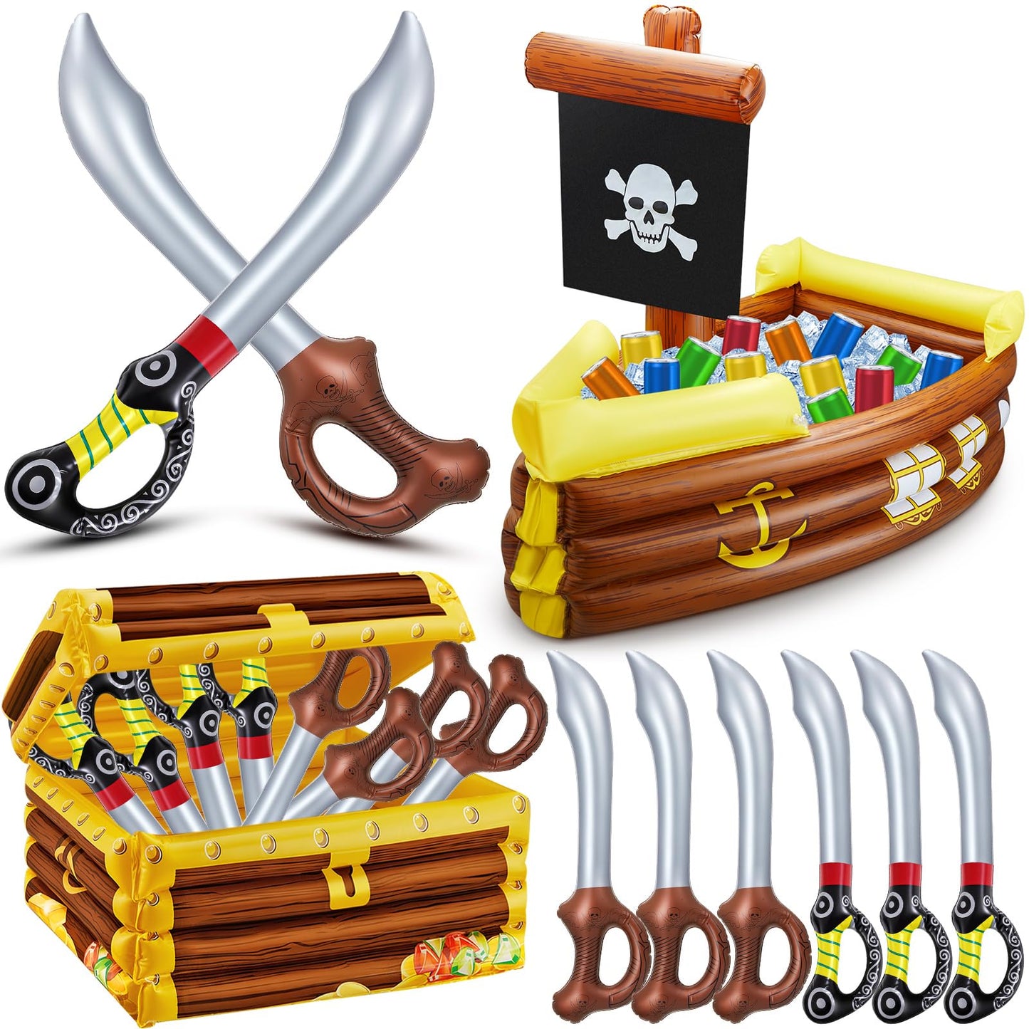 Cunhill 14 Pcs Pirate Party Set Birthday Pirate Party Decoration 1 Pc Funny Inflatable Pirate Ship Drink Cooler 1Pc Blow up Treasure Chest 12 Pcs Kid decorative replica blade for Supplies Beverage Serving Container Pool
