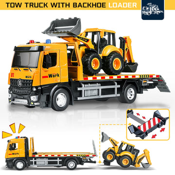 ID Gerilla Tow Truck Toy Metal Cab, Flatbed Construction Vehicles Toys with Backhoe Loader, Friction Powered Transport Trailers