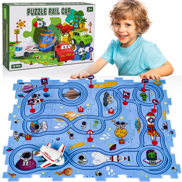 25Pcs Puzzle Racer Kids Car Track Set, Puzzle Track Car Play Set, Rail Car Puzzle Track Space Themed Series, Kids Race Track Set