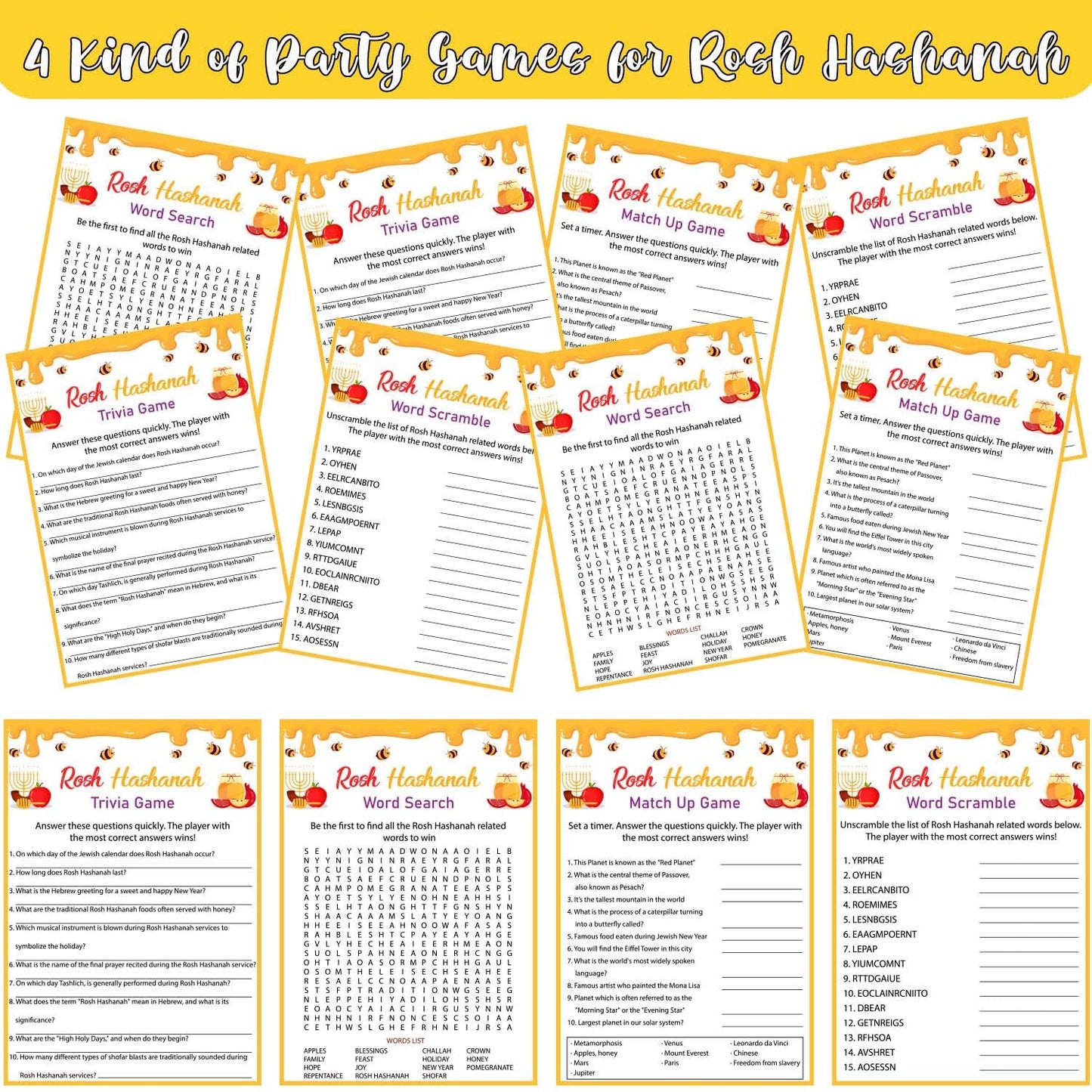 Donejpee 104 Pcs Rosh Hashanah Trivia Game, 4 Kind Of Shana Tova Jewish New Year Holiday Party Game Supplies For Kids Classroom
