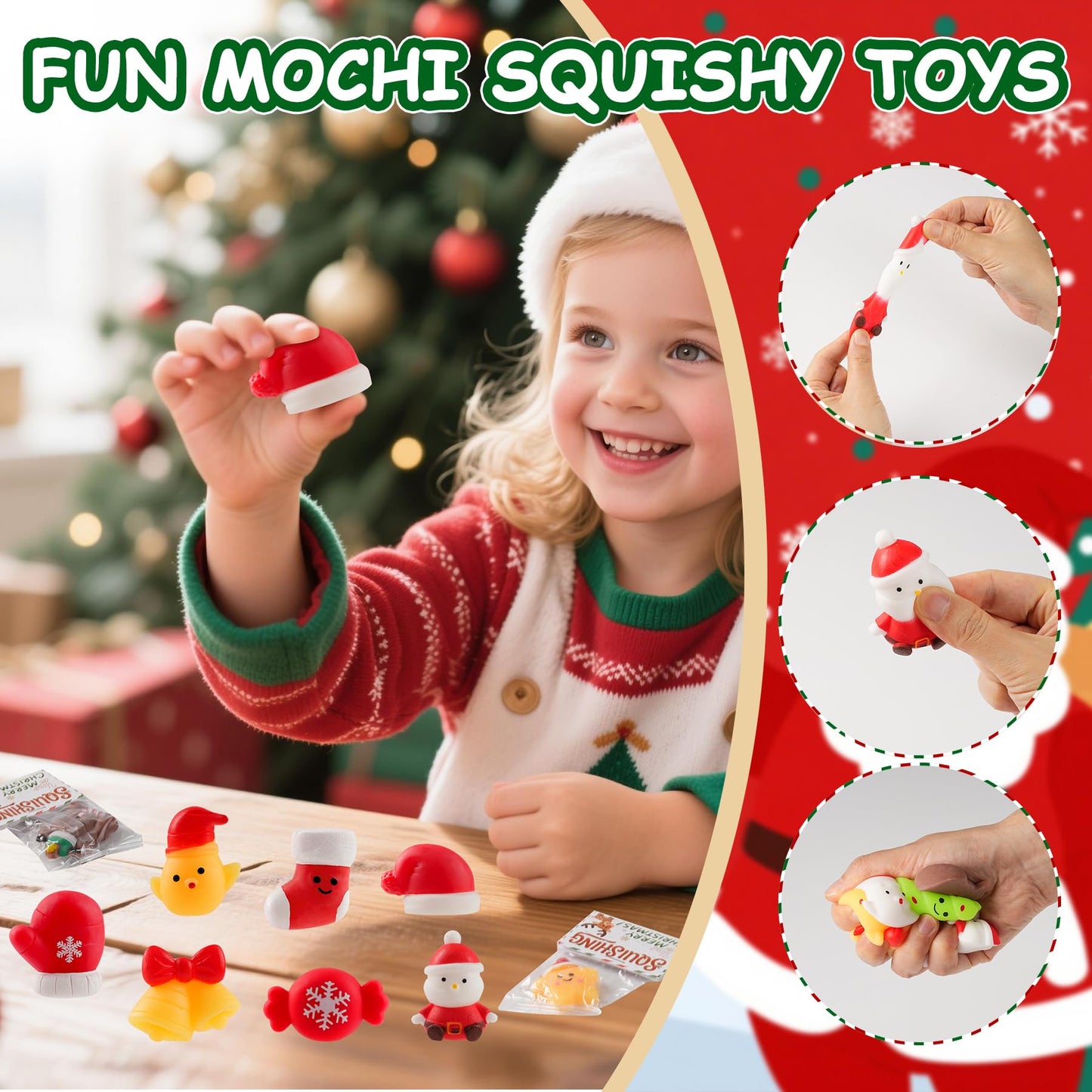 Christmas Mochi Squishy Toys 24 Pack with Gift Card  Mini Squishy Toys  Christmas Stocking Stuffers  Party Favors for Kids  Stress Relief Toys  Goodie Bags Fillers (Christmas Red Box)