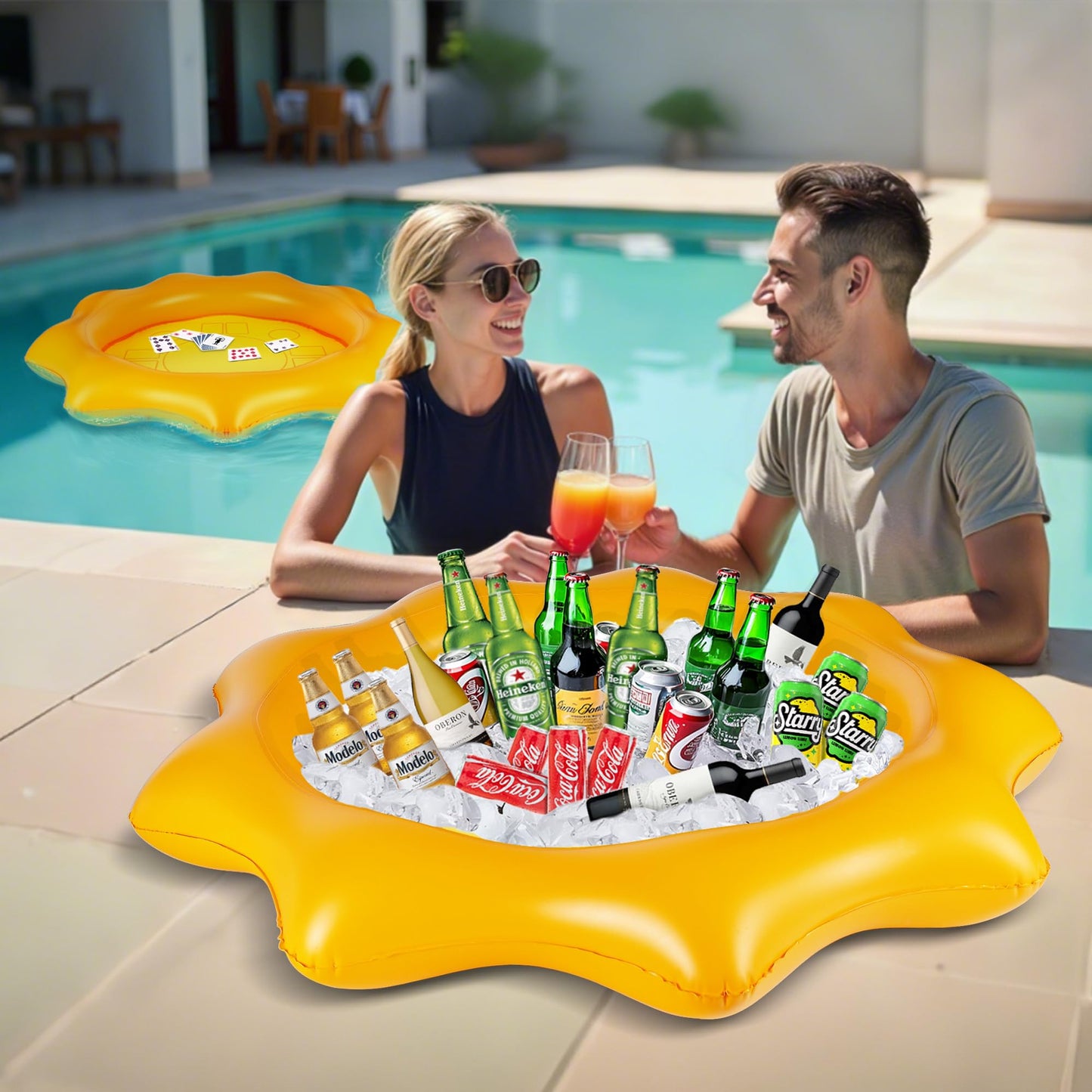 Pool Wave 2-Pack Inflatable Serving Bars Cooler, Food Drink Ice Buffet Salad Serving Tray, Floating Pool Card Table Game Water T