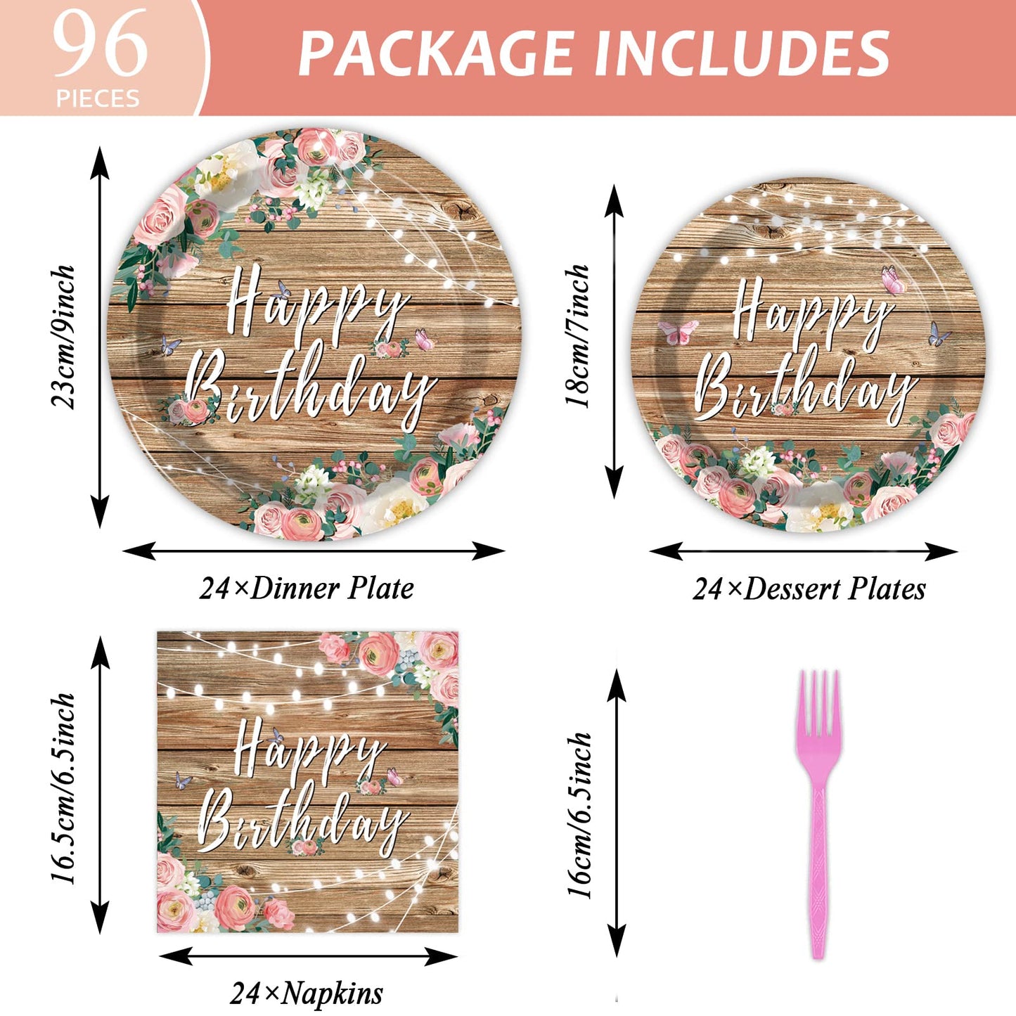 Tevxj 96PCS Spring Pink Floral Birthday Party Plates Wood Grain Flower Rustic Tableware Set for Girls Kids Bridal Shower Party S