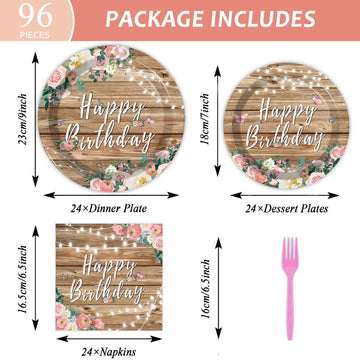 Tevxj 96PCS Spring Pink Floral Birthday Party Plates Wood Grain Flower Rustic Tableware Set for Girls Kids Bridal Shower Party S