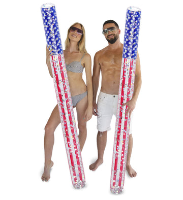 POZA 2 Pack Inflatable USA Flag Jumbo Pool Noodles Floats - enhanced elegant 74 Inch Giant Water Floating Noodles Filled with Sparkle Silver Confetti  Pool Float for Swimming Pool  Beach and Lake