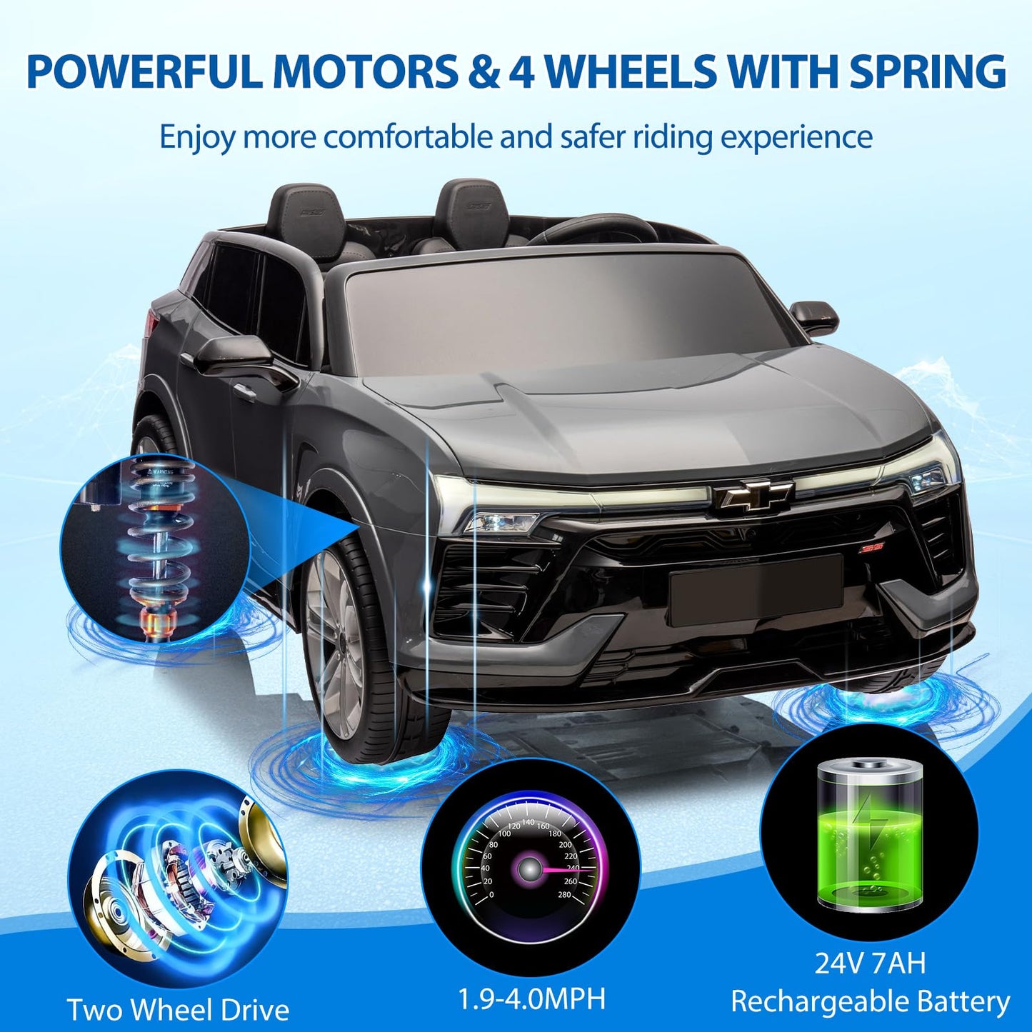 Hetoy 24V 2-Seater SUV Licensed Chevrolet Blazer Ride On Car Toy w/Parent Remote Control, 3 Speeds, Wireless Music, MP3 Player,