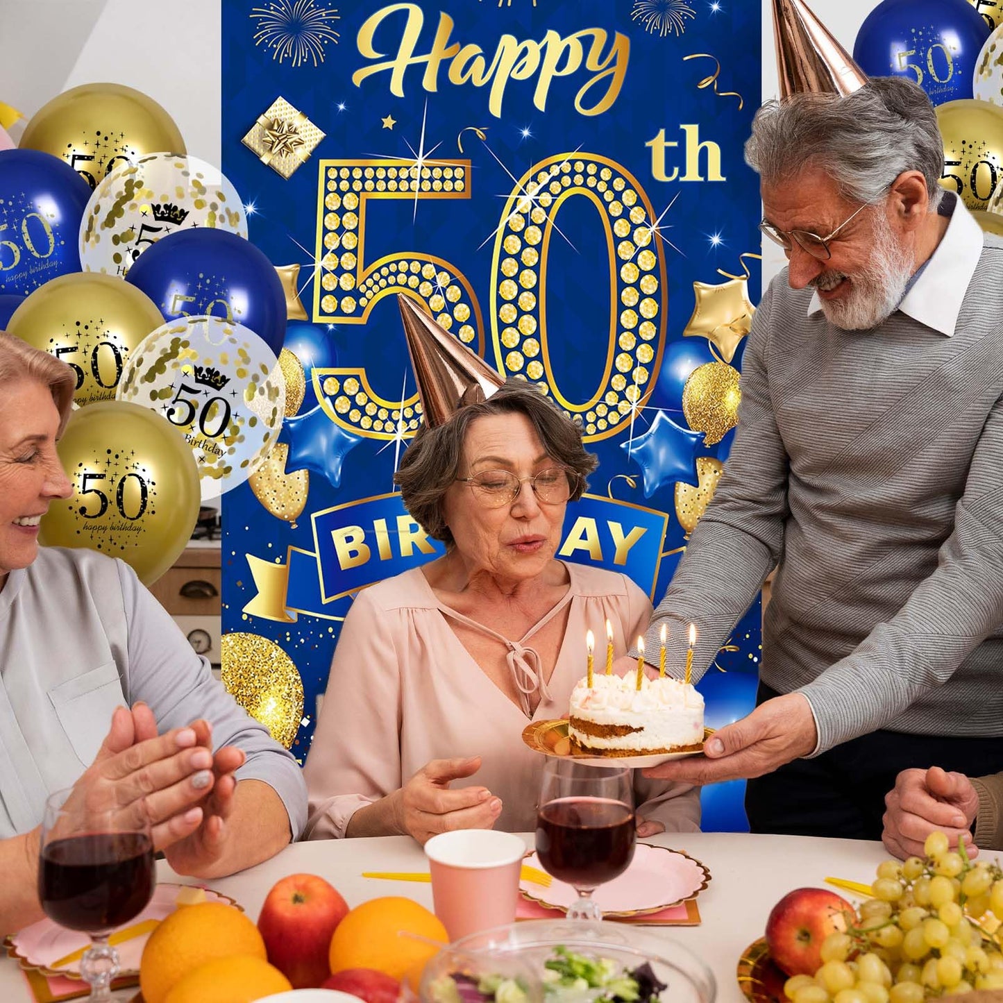 50Th Birthday Party Decorations For Men Navy Blue Gold Happy 50Th Birthday Banner With 18Pcs 50Th Balloons 50Th Door Cover Backdrop For Men Women Birthday Anniversary Party Sign Porch Decor Supplies