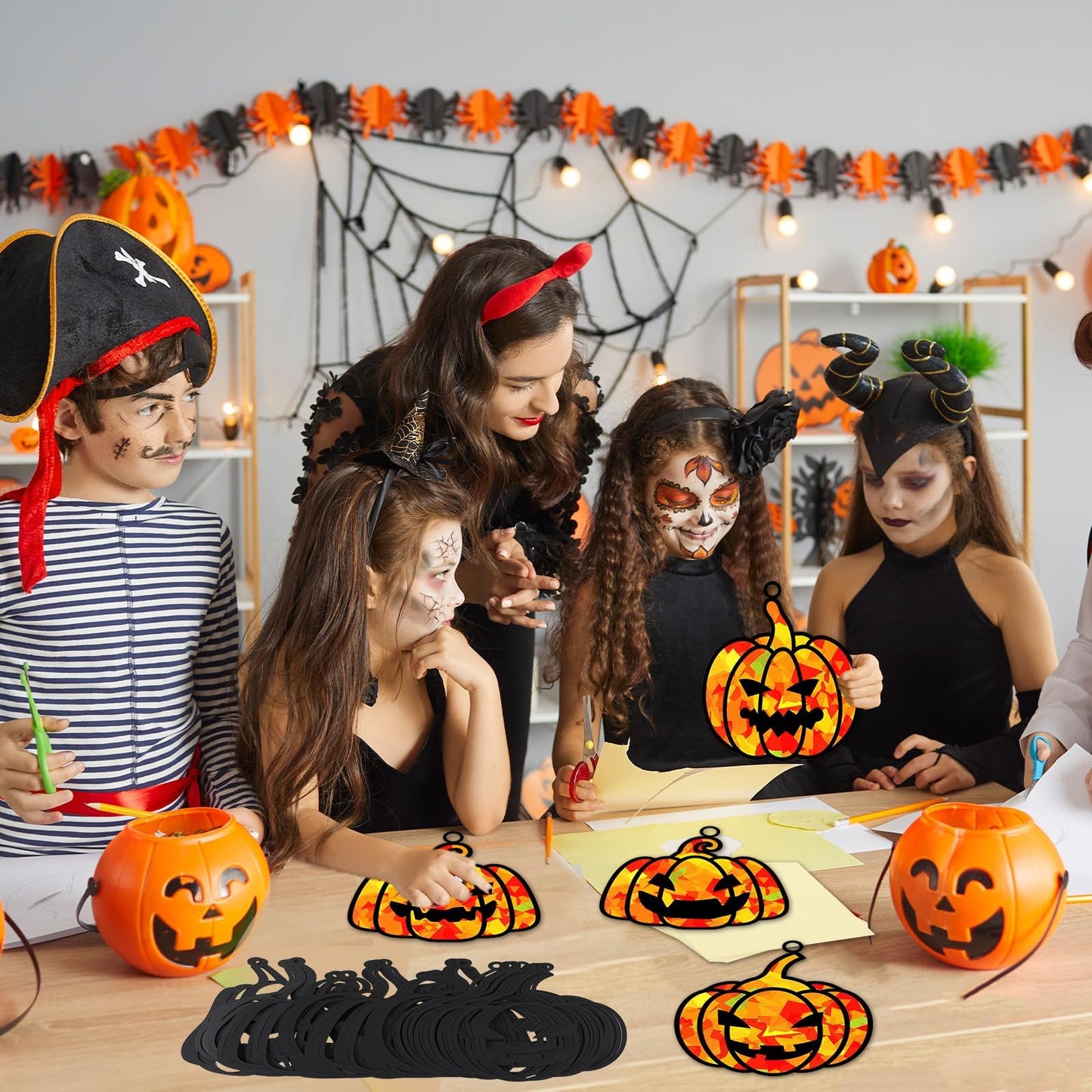 32 Sets Fall Halloween Pumpkin Suncatchers Craft Kit DIY Window Stained Glass Effect Halloween Pumpkin Paper Craft Home School C